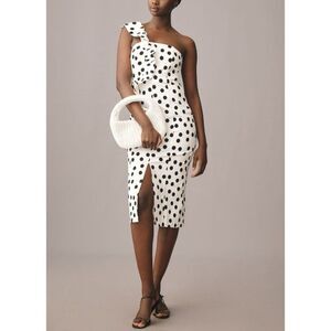 Anthropologie Ruffle One-Shoulder Slim Dress Large White & Black Polka Dots NWOT